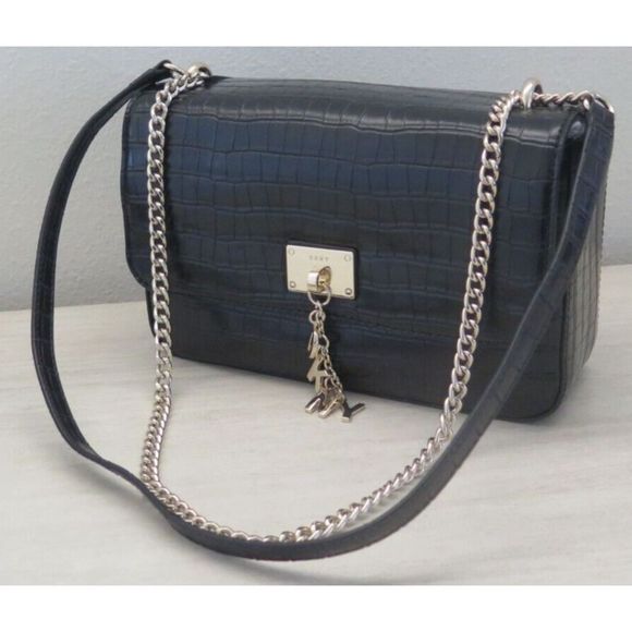 DKNY R143PE83 Women's MD Black Croc Embossed Cleo Crossbody/Shoulder Bag $198+ - Picture 1 of 13